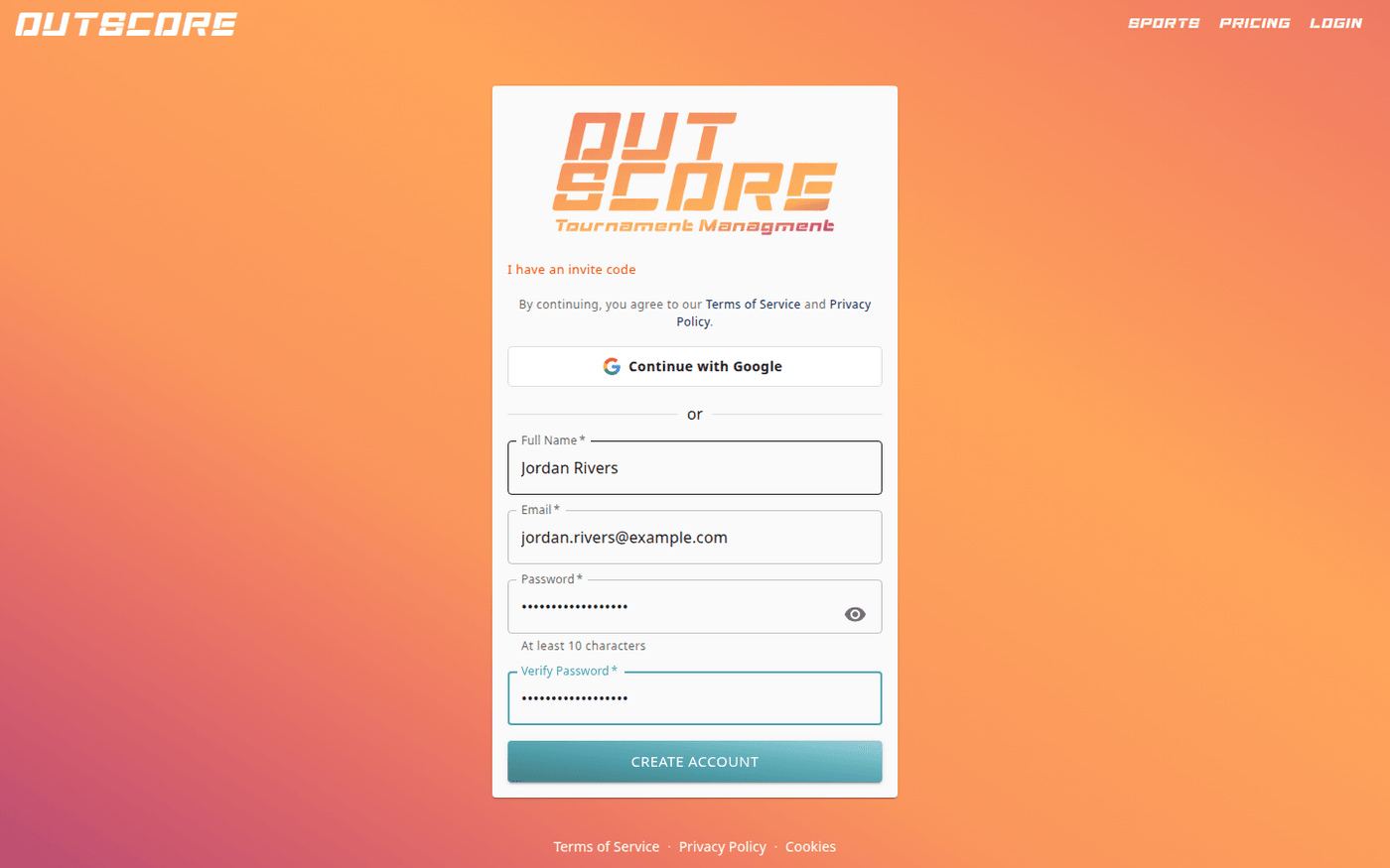 Create account form