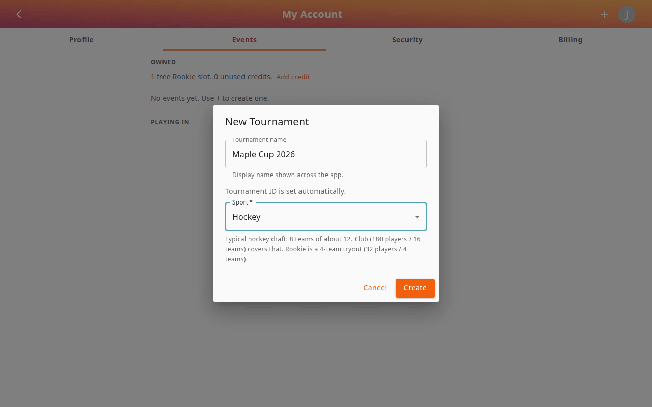 New Tournament dialog