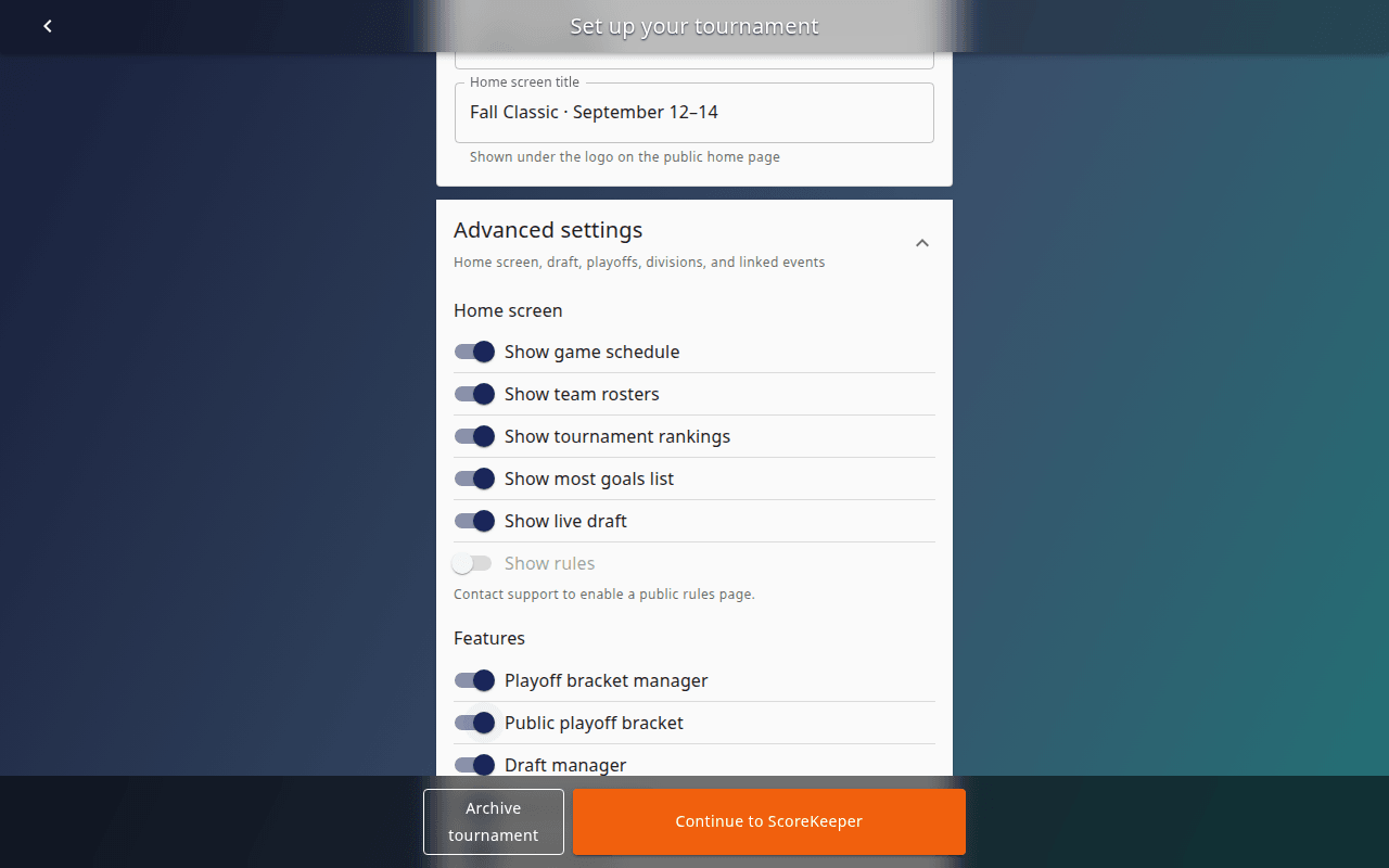 Setup – advanced settings