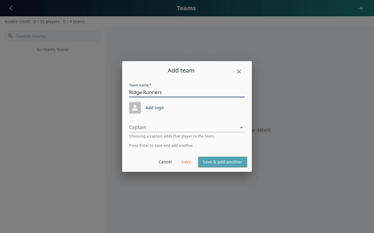 Add team dialog