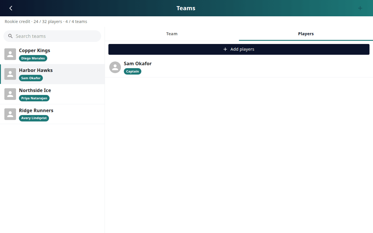 Team players tab