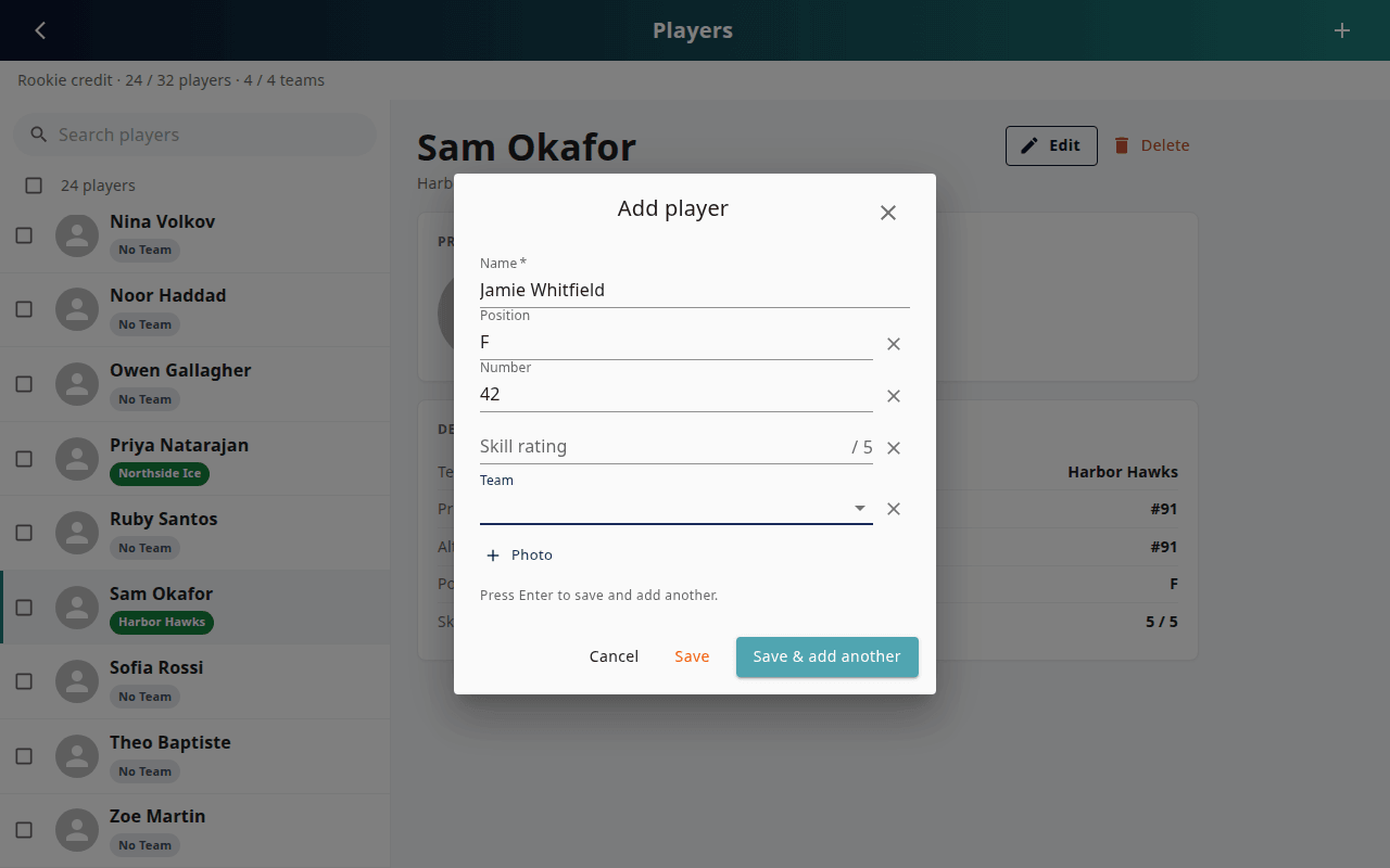 Add player dialog