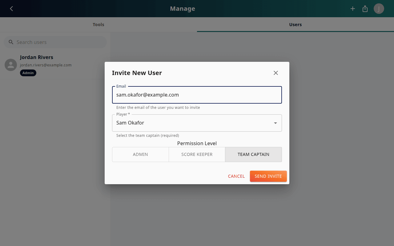 Invite New User dialog