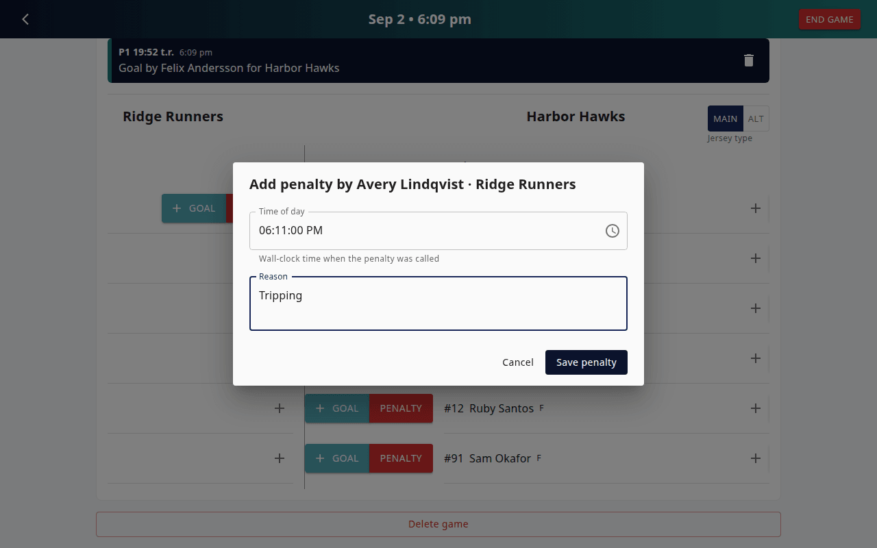 Add penalty dialog