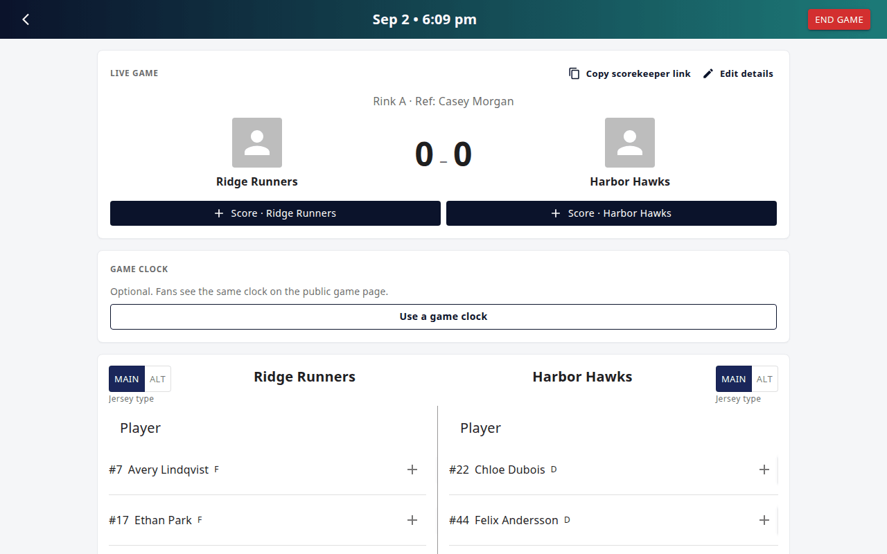 Live scoring page