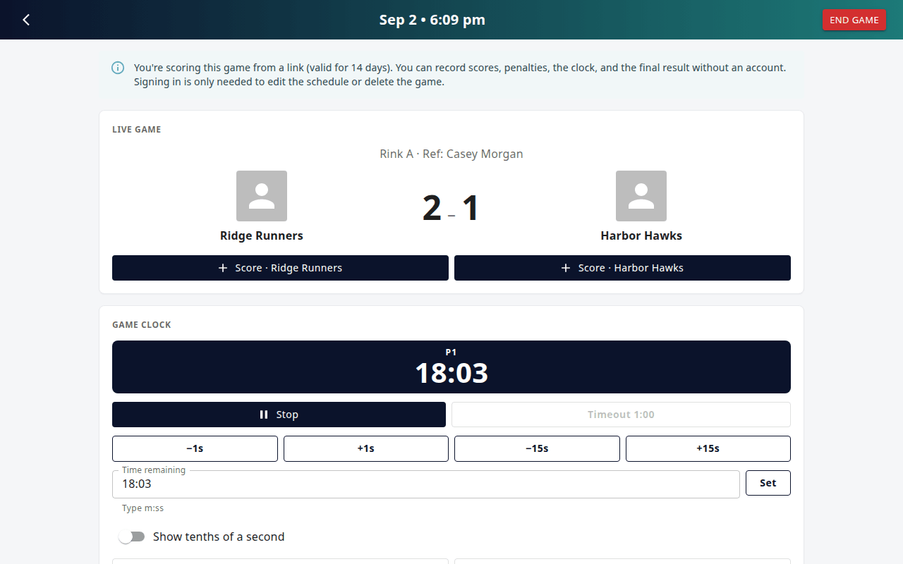 Volunteer scorekeeper view