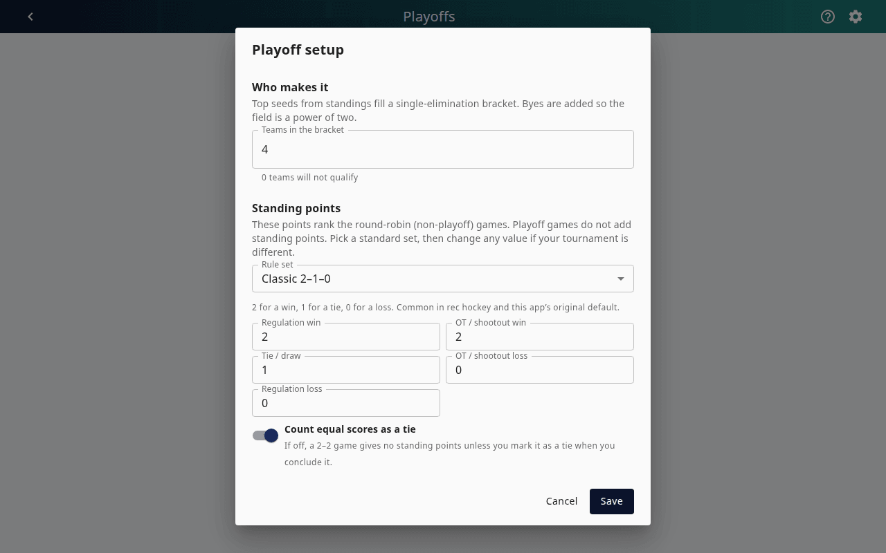 Playoff setup dialog