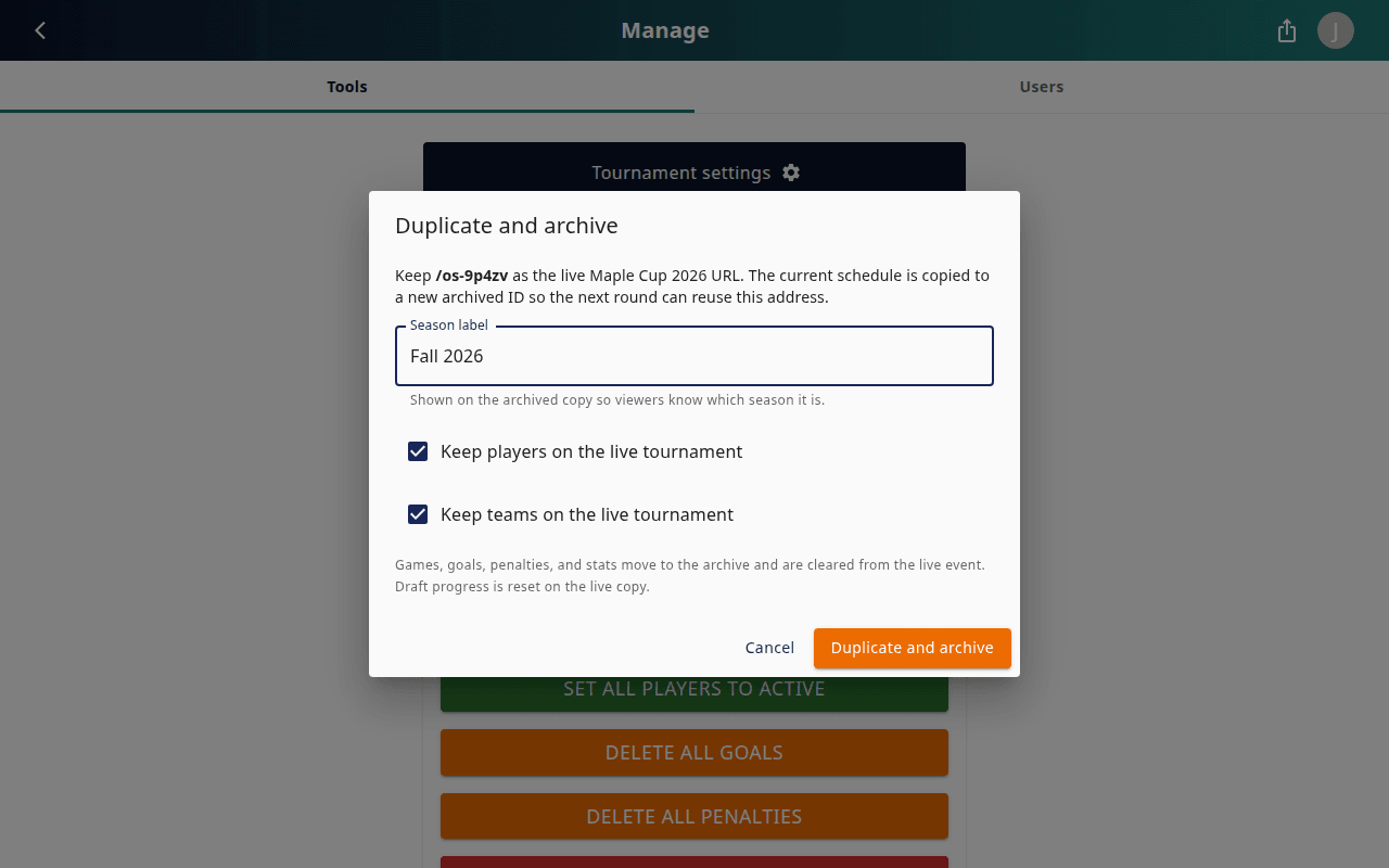 Duplicate and archive dialog